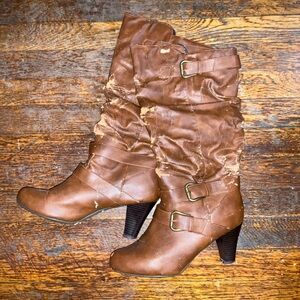 Old Brown faux leather high heel boots